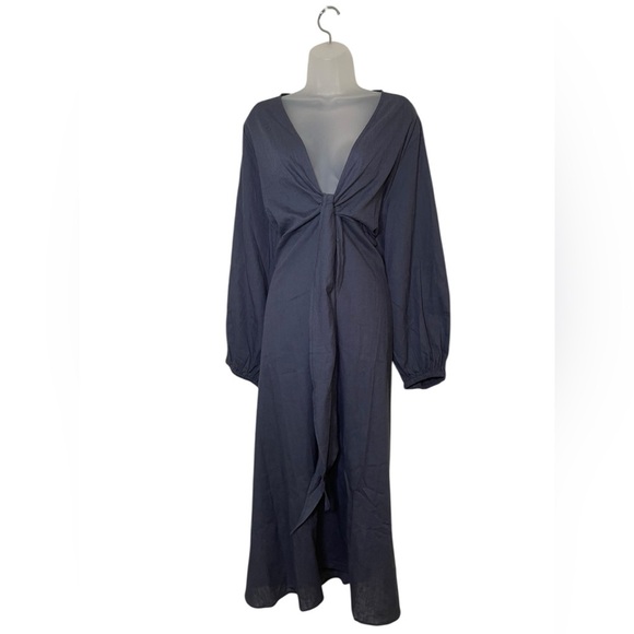 Harshman Novella Blue Tie Front Midi Dress 3X Linen Blend New - Picture 2 of 6